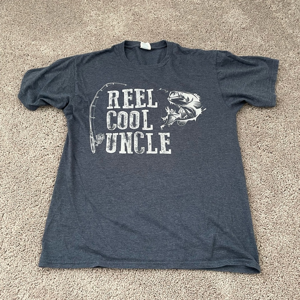 Novelty Tee Shirt REEL COOL UNCLE fishing t-shirt blue Men’s Medium